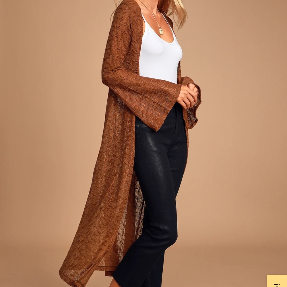 Lulus Carissa Camel Crochet Bell Sleeve Duster